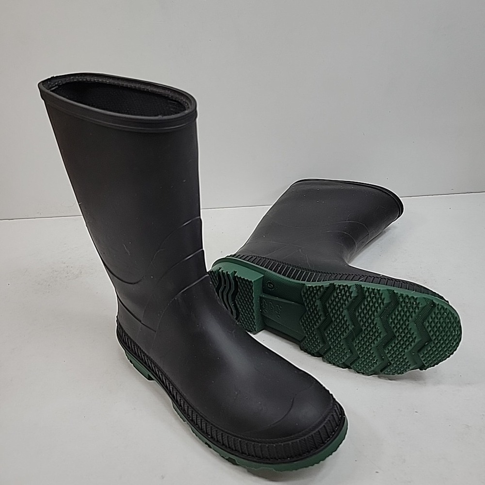 Men's Black Rubber Rain Boots Green Sole Waterproof Garden Work Size 9